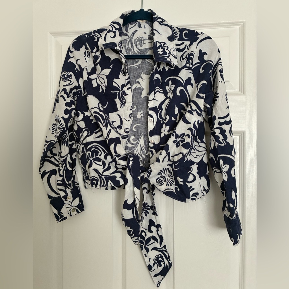 Christian Siriano Blue and White Floral Blouse